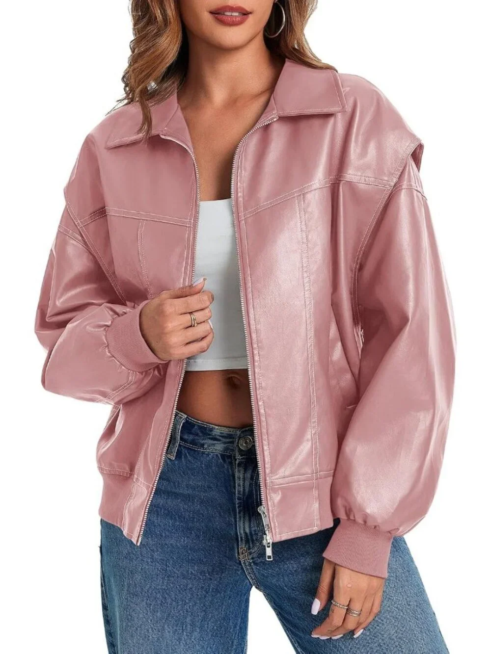 Women's Pink Oversized Faux Leather Bomber Jacket Motorcycle ZIP Up Coat